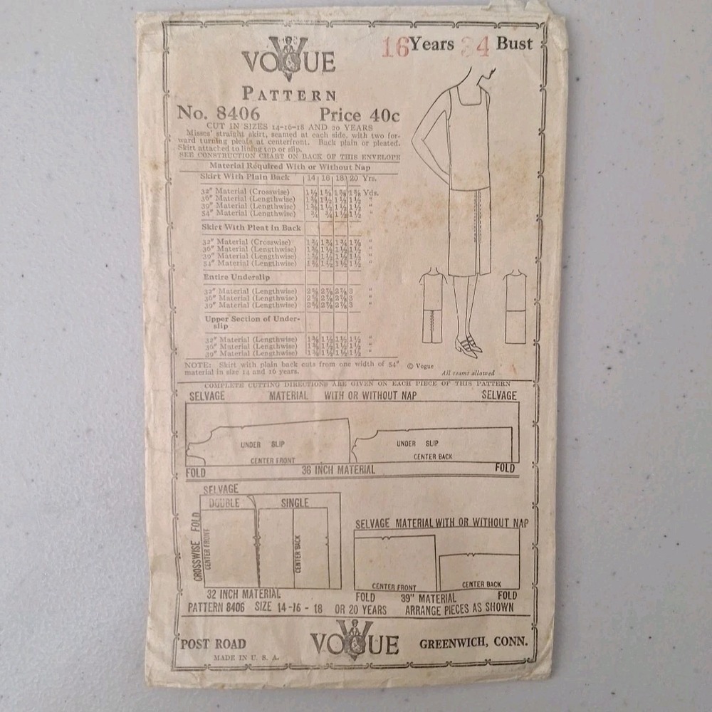 RARE Antique 1920's VOGUE Pattern Cover #8406 Skirt Slip Shirt 16 Years 34 Bust